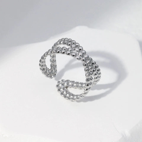 Open Ring Gekruiste Lijn met Bolletjes Reliëf (Verstelbaar RVS)