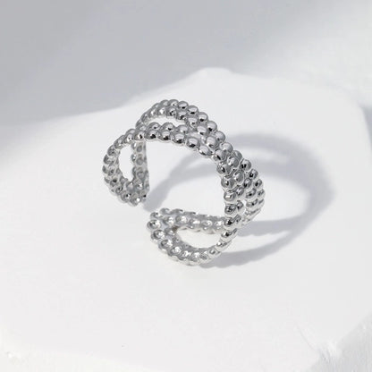 Open Ring Gekruiste Lijn met Bolletjes Reliëf (Verstelbaar RVS)