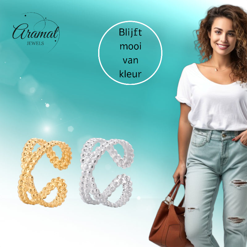 Open Ring Gekruiste Lijn met Bolletjes Reliëf (Verstelbaar RVS)