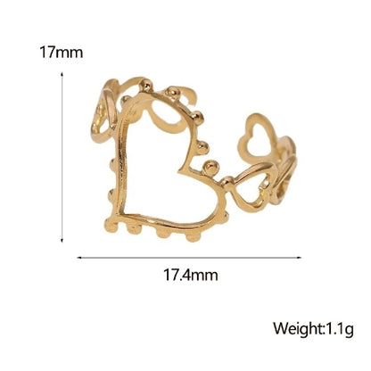 Open Ring Hartjes Schakel met Bolletjes Versiering (RVS Verstelbaar)