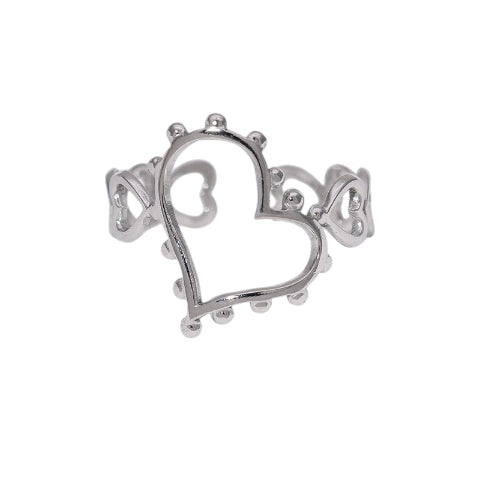 Open Ring Hartjes Schakel met Bolletjes Versiering (RVS Verstelbaar)