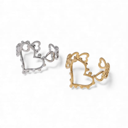 Open Ring Hartjes Schakel met Bolletjes Versiering (RVS Verstelbaar)