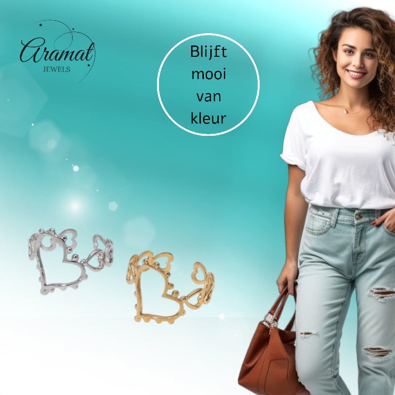 Open Ring Hartjes Schakel met Bolletjes Versiering (RVS Verstelbaar)