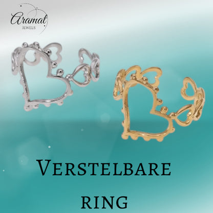 Open Ring Hartjes Schakel met Bolletjes Versiering (RVS Verstelbaar)