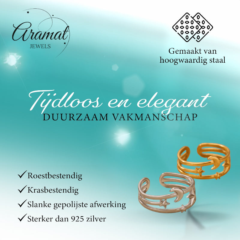 Open Ring RVS met Drie Sterren en Maan (9 mm)