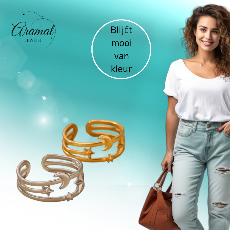 Open Ring RVS met Drie Sterren en Maan (9 mm)