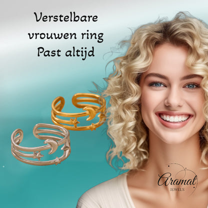 Open Ring RVS met Drie Sterren en Maan (9 mm)