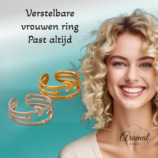 Open Ring RVS met Drie Sterren en Maan (9 mm)