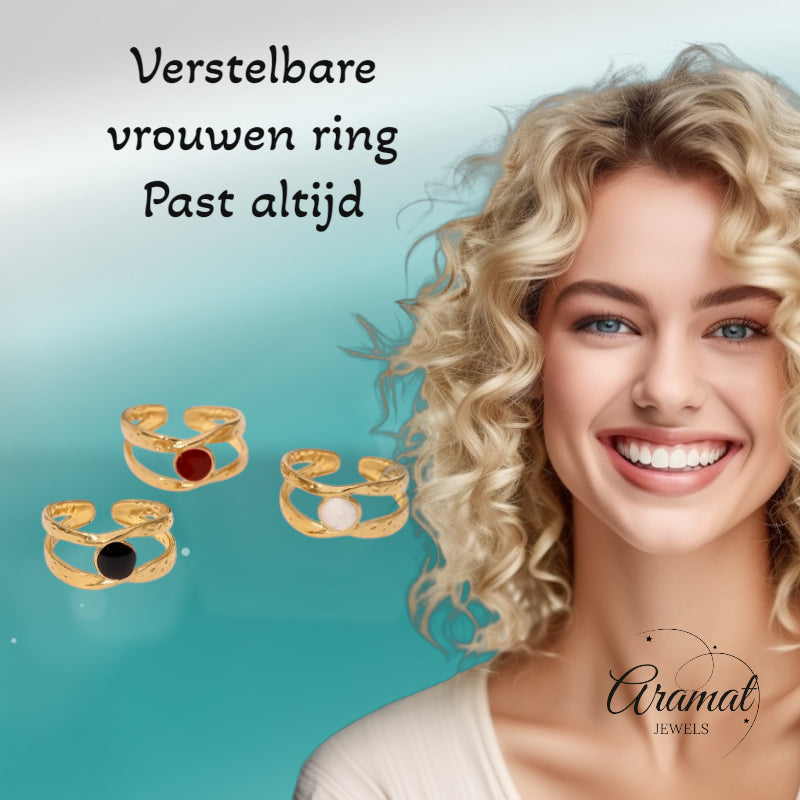 Open Ring RVS met Gehamerd Motief en Emaille Cirkel (9,5 mm)