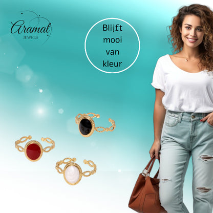 Open Ring RVS Ovaal Emaille met Dot Reliëf (Goudkleurig)