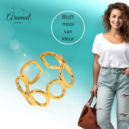 Open Ring met Ovale en Vierkante Schakels (Zilver- of Goudkleurig RVS)