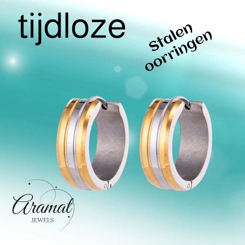 Stainless Steel Earrings Bicolor Stripe Gold Silver 20mm - Women