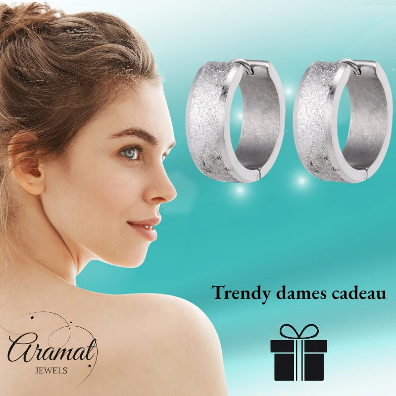 Earrings – Huggie Stainless Steel 20mm Sandblasted Silver Color