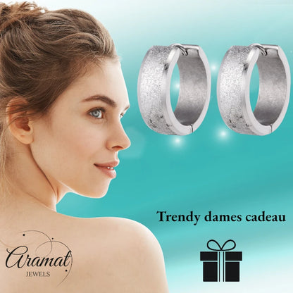 Earrings – Huggie Stainless Steel 20mm Sandblasted Silver Color