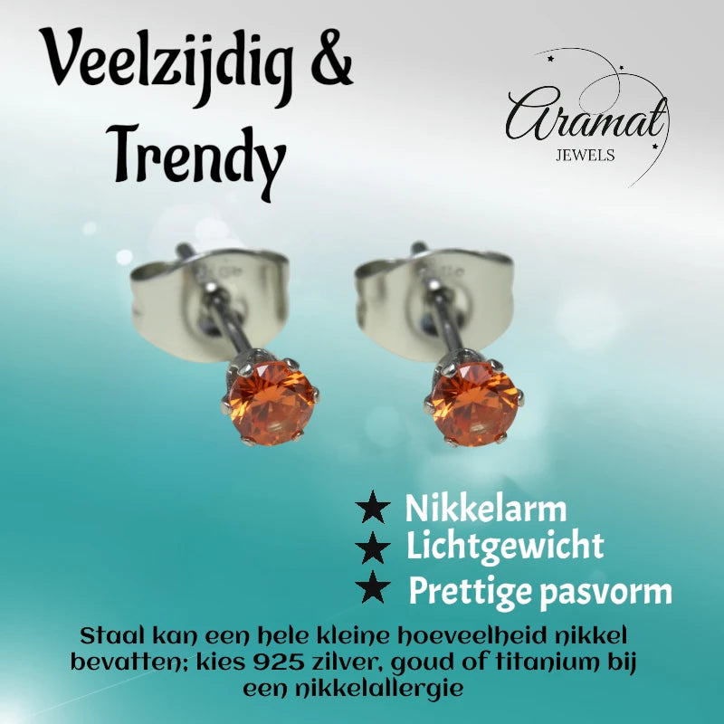 Zilverkleurige RVS Oorstekers Geboortesteen Juli - Rood/Oranje - 3 mm