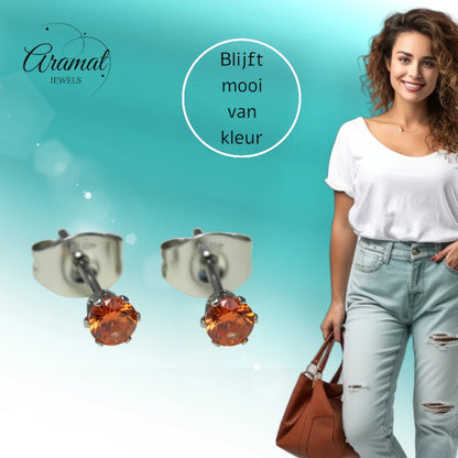 Zilverkleurige RVS Oorstekers Geboortesteen Juli - Rood/Oranje - 3 mm