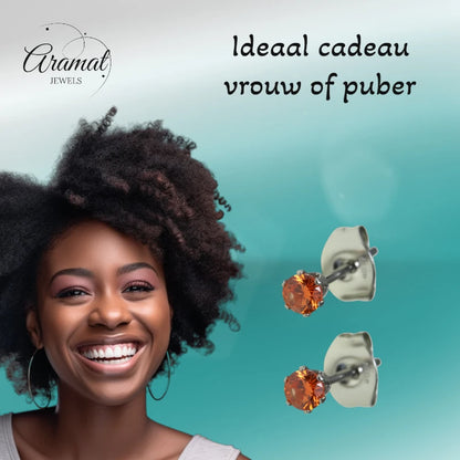 Zilverkleurige RVS Oorstekers Geboortesteen Juli - Rood/Oranje - 3 mm