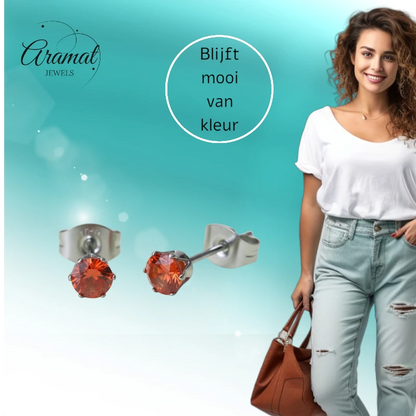 Zilverkleurige RVS Oorstekers Geboortesteen Juli - Rood/Oranje - 4 mm