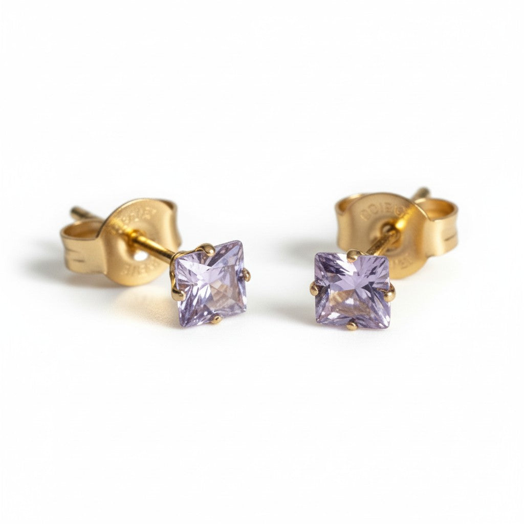 Earrings – Stainless Steel Gold Color with Lilac Square Zirconia (4mm) 