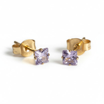 Earrings – Stainless Steel Gold Color with Lilac Square Zirconia (4mm) 