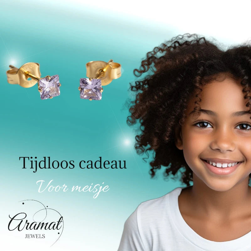 Earrings – Stainless Steel Gold Color with Lilac Square Zirconia (4mm) 