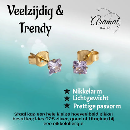 Earrings – Stainless Steel Gold Color with Lilac Square Zirconia (4mm) 