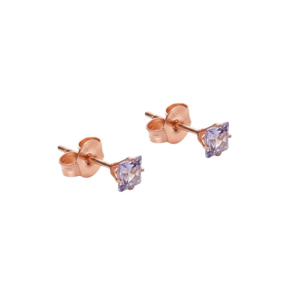 Earrings – Stainless Steel Rose Gold Color with Lilac Square Zirconia (3mm) 