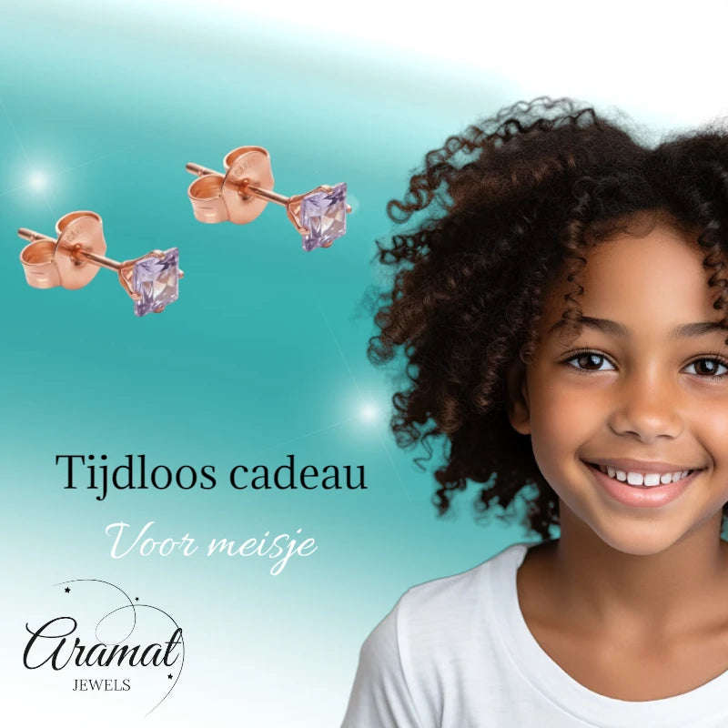 Earrings – Stainless Steel Rose Gold Color with Lilac Square Zirconia (3mm) 