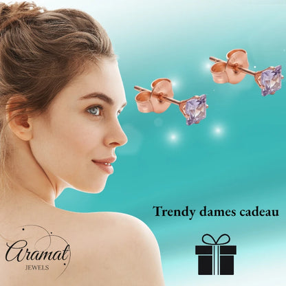 Earrings – Stainless Steel Rose Gold Color with Lilac Square Zirconia (3mm) 