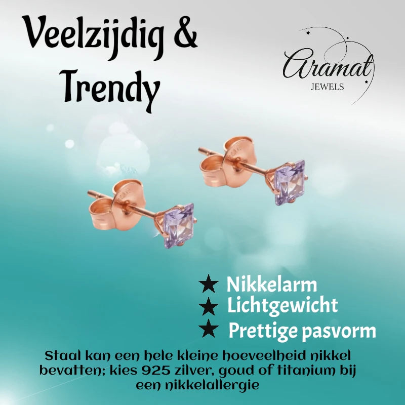 Earrings – Stainless Steel Rose Gold Color with Lilac Square Zirconia (3mm) 