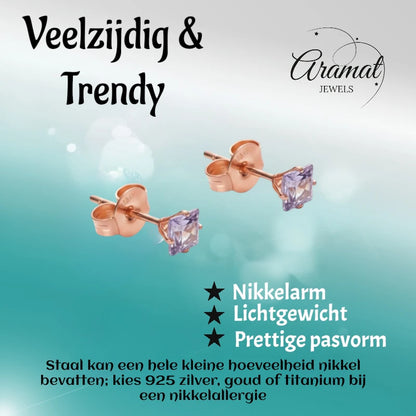 Earrings – Stainless Steel Rose Gold Color with Lilac Square Zirconia (3mm) 
