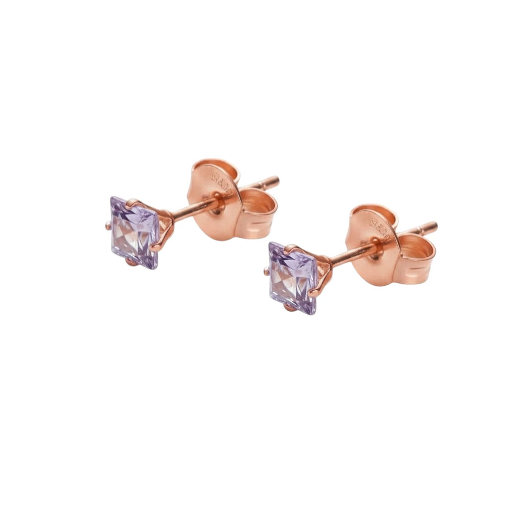 Earrings – Stainless Steel Rose Gold Color with Lilac Square Zirconia (4mm) 