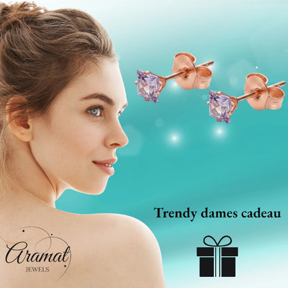 Earrings – Stainless Steel Rose Gold Color with Lilac Square Zirconia (4mm) 