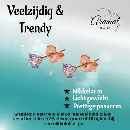 Earrings – Stainless Steel Rose Gold Color with Lilac Square Zirconia (4mm) 