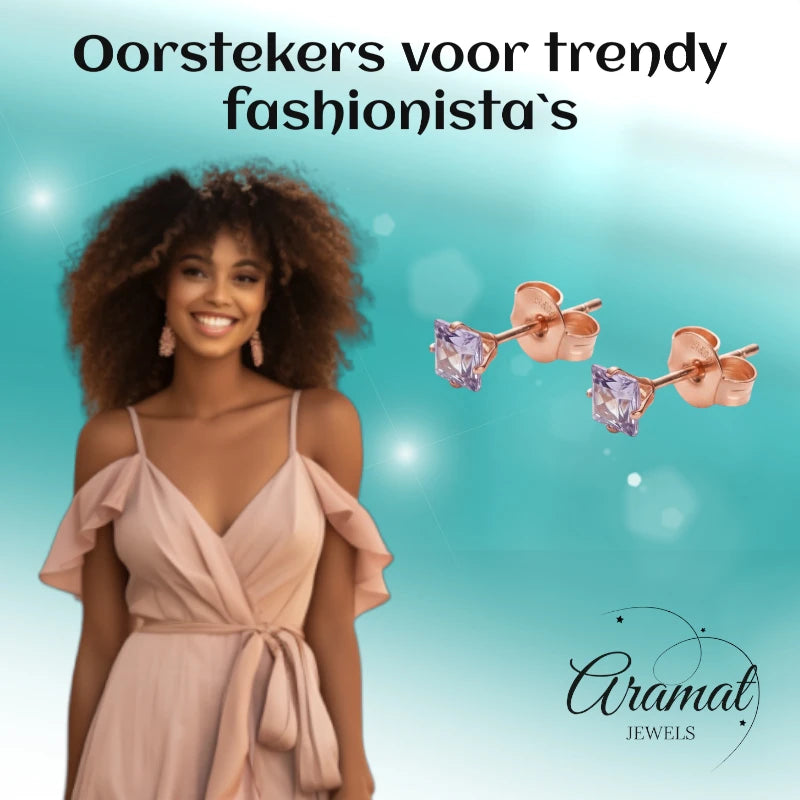 Earrings – Stainless Steel Rose Gold Color with Lilac Square Zirconia (4mm) 