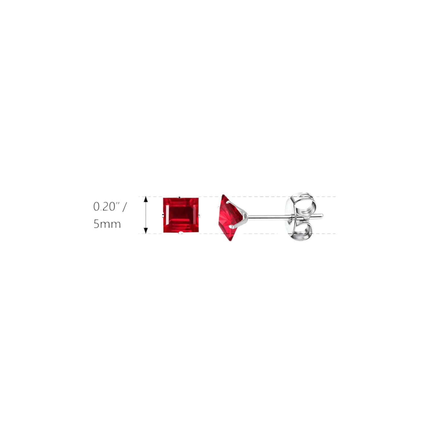 Earrings – 5mm Square Zirconia Red on Stainless Steel Silver Color 