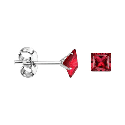 Earrings – 5mm Square Zirconia Red on Stainless Steel Silver Color 