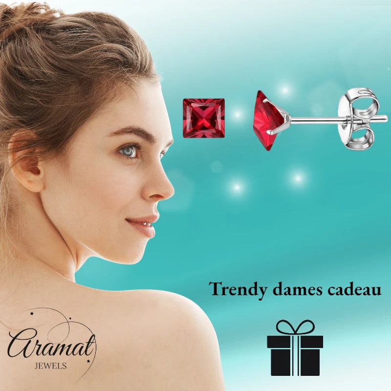 Earrings – 5mm Square Zirconia Red on Stainless Steel Silver Color 