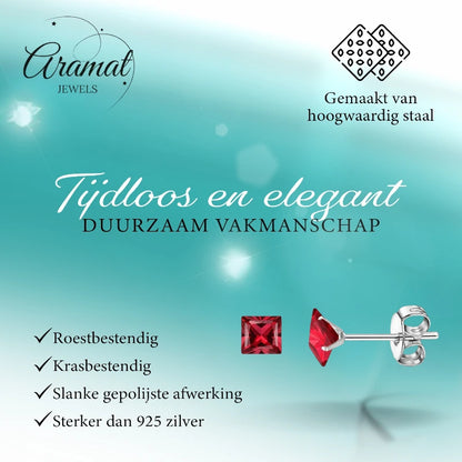 Earrings – 5mm Square Zirconia Red on Stainless Steel Silver Color 