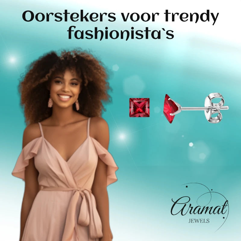 Earrings – 5mm Square Zirconia Red on Stainless Steel Silver Color 