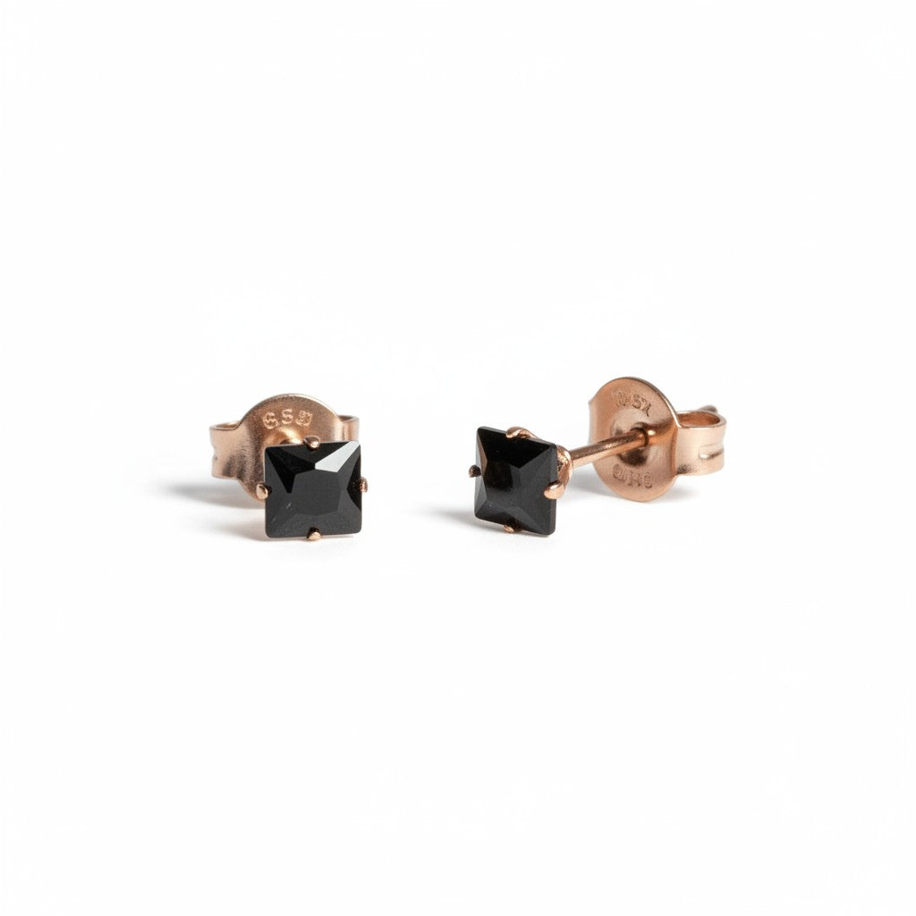Earrings – Stainless Steel Rose Gold Color with Black Square Zirconia (4mm) 