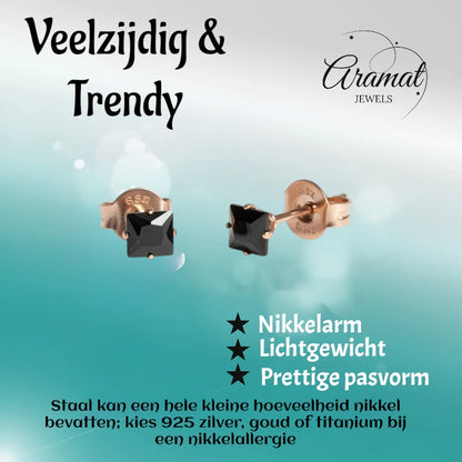 Earrings – Stainless Steel Rose Gold Color with Black Square Zirconia (4mm) 