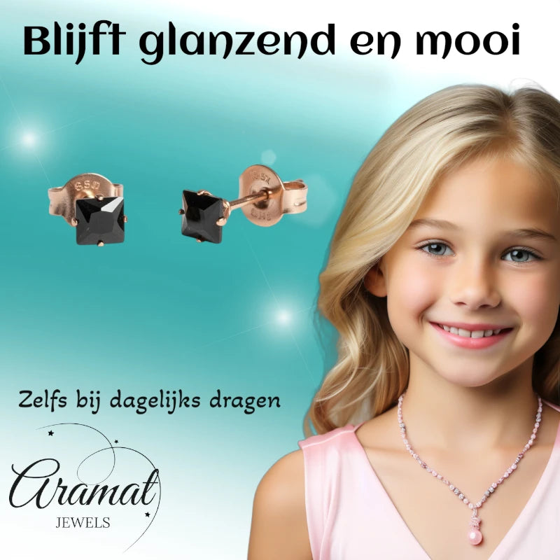 Earrings – Stainless Steel Rose Gold Color with Black Square Zirconia (4mm) 