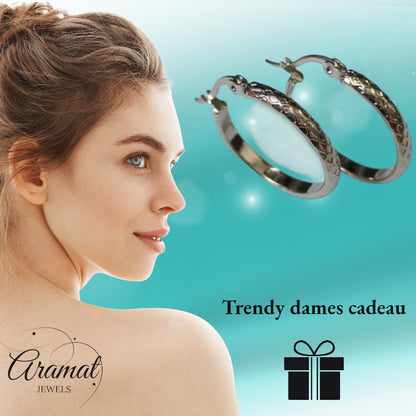 Earrings – 30mm Creole Checkered Pattern Stainless Steel Silver Color and Black Women 