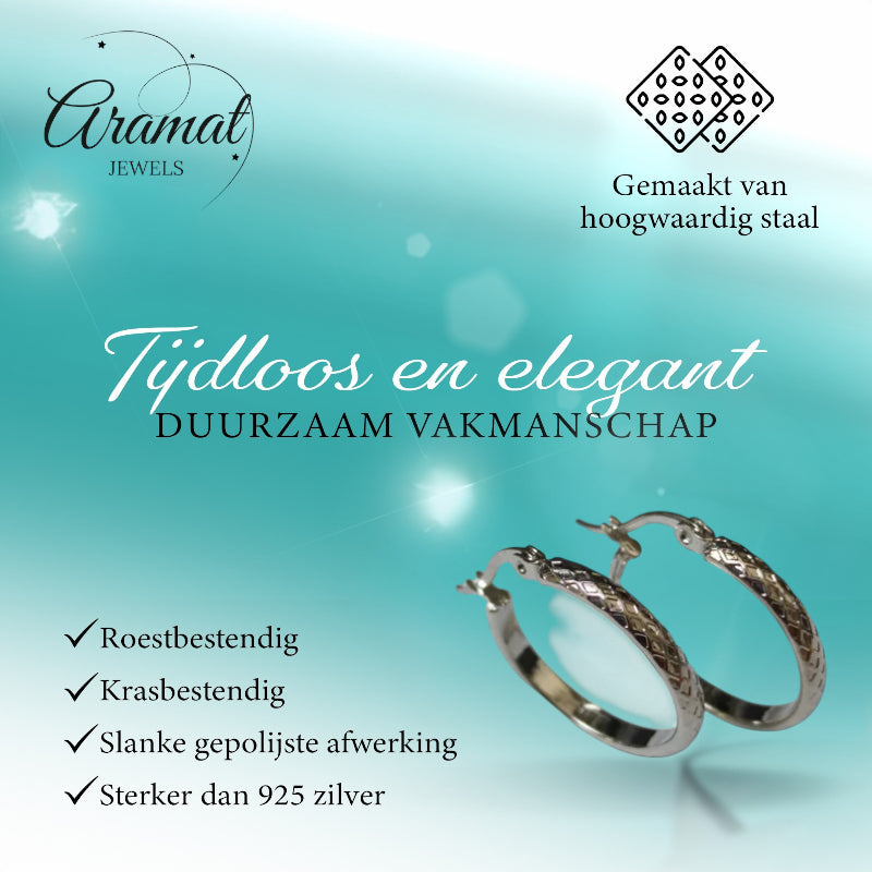 Earrings – 30mm Creole Checkered Pattern Stainless Steel Silver Color and Black Women 