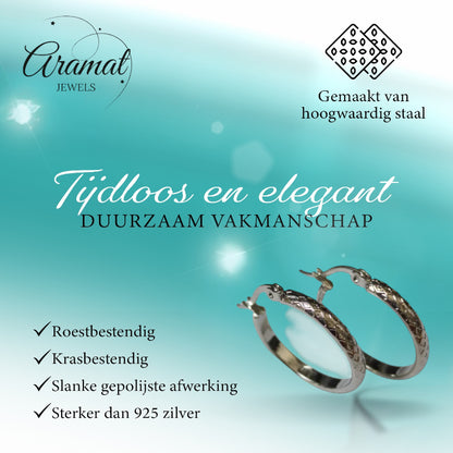 Earrings – 30mm Creole Checkered Pattern Stainless Steel Silver Color and Black Women 