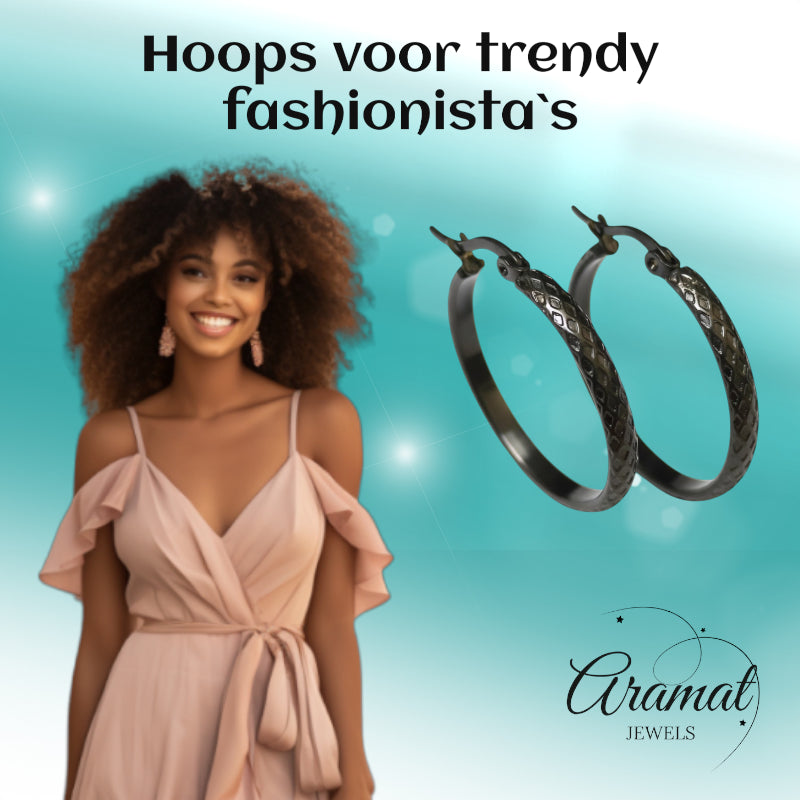 Earrings – 30mm Creole Checkered Pattern Stainless Steel Silver Color and Black Women 