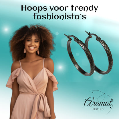 Earrings – 30mm Creole Checkered Pattern Stainless Steel Silver Color and Black Women 