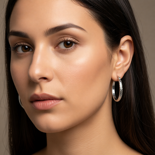 Earrings – 25mm Creole Checked Pattern Stainless Steel Silver Color Women