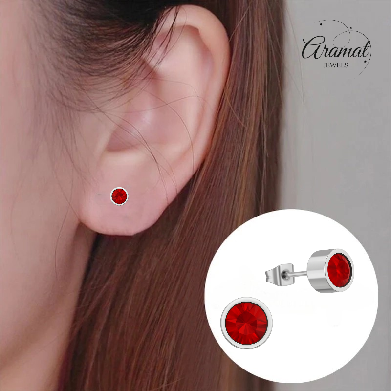 Boucles d'oreilles puces en cristal rouge – 5 mm en acier inoxydable argenté